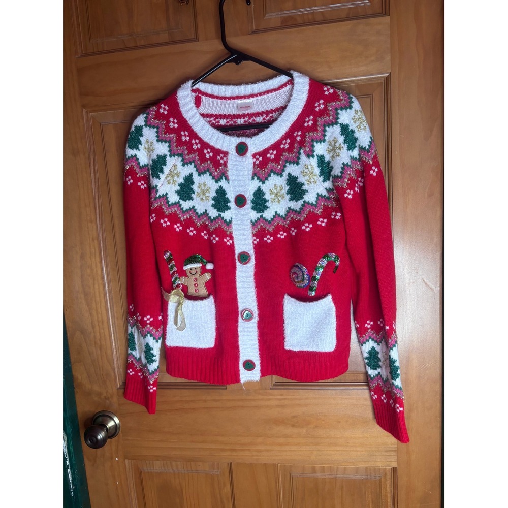 Holiday Time Christmas Cardigan Sweater Womens Medium Red Gingerbread Fair Isle